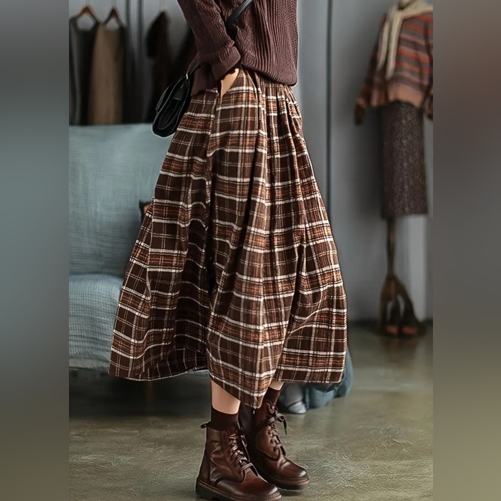 Plaid Brown Women's Midi Length Skirt with Pockets New Boutique - Picture 1 of 6
